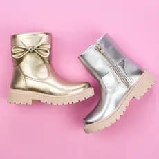 Bota Infantil Menina Coturno Tratorada Metalizada Brilho Casual Passeio Laço Confortável