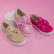 Tênis Infantil Menina Slip Brilho Verniz Confortável Macio Casual Laço Strass Escolar Promoção