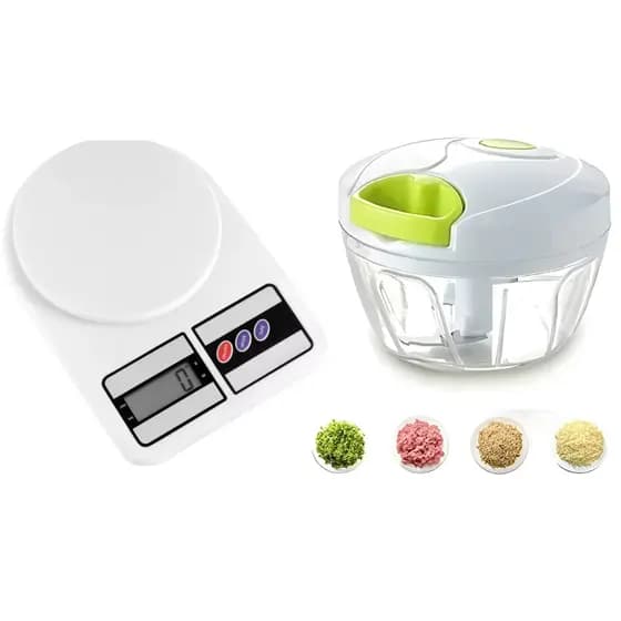 Kit Cozinha Processador Triturador de Alho Alimentos Manual 3 Lâminas 500ml + Balança de Cozinha até 10kg