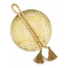 Bandeja Prato Redonda Elegante Decoração Luxo + Colar 1,10m  Bege E Dourado