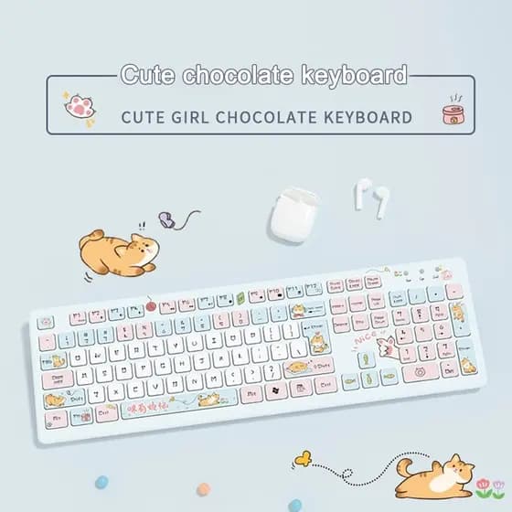 Teclado Ed.Especial kawaii desenho de gato fofo, kawaii, silencioso, Sem fio, teclado para PC,