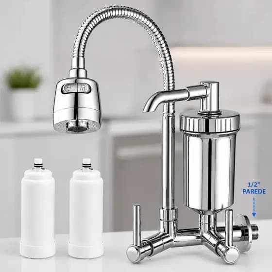 Torneira De Parede Gourmet Com Filtro mais 2 Refis Cozinha Chuveirinho Jato Duplo