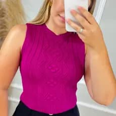 Blusa Cropped Regata Modal Canelado Aran Bolinha Gola Redonda Tricõ Verão Moda Feminina Blogueira