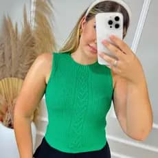 Cropped Blusa Feminina Regata Modal Pipoca Triângulo Trico Gola Redonda Verão Moda Feminina
