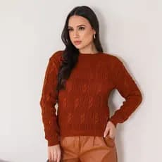 Blusa de Frio Trico Trança Gola Redonda Manga Longa Inverno Tricot Moda Feminina