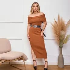 Vestido Feminino Midi Canelado Modal Fenda Lateral Trico Ombro a Ombro Tricot