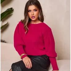 Blusa de Frio Trico Gola Canoa Manga Longa Inverno Prega na Manga Punho Canelado Tricot Feminino