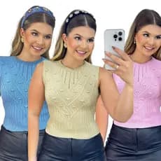 KIT 3 Blusas Cropped Regata Modal Tricot Gola Redonda  Tricot Detalhe Rendado Trico Moda Feminina