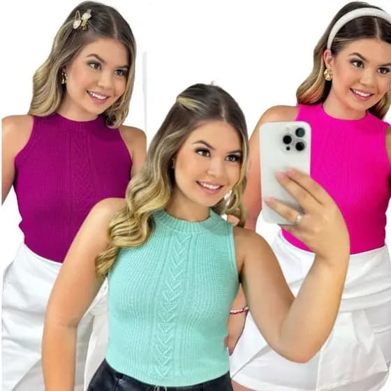 Kit 3 Blusas Cropped Regata Modal Pipoca Triângulo Trico Gola Redonda Verão Moda Feminina