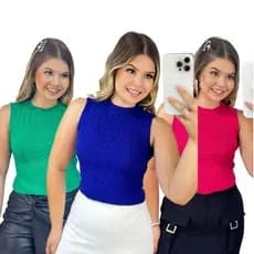 KIT 3 Blusas Cropped Regata Modal Canelado Aran Bolinha Gola Redonda Tricô Verão  Malharia Arritmia