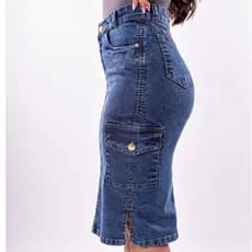 saia jeans midi evangélica com bolso cargo cintura alta com fenda moda elegante cheia de charme