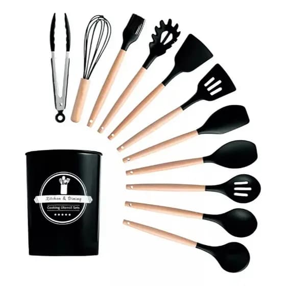 Jogo Utensílios de Cozinha em Silicone Cabo De Madeira 12 Peças