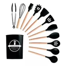 Jogo Utensílios de Cozinha em Silicone Cabo De Madeira 12 Peças