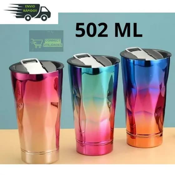 Copo Térmico Colorido 3D 502ML Aço Inox Com Tampa e Abridor de Garrafa