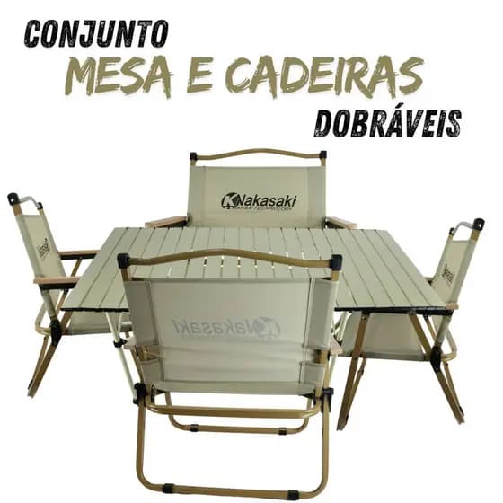 Conjunto Dobrável Mesa Alumínio Tampo Camping + 04 Cadeiras Nakasaki