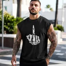 Camiseta Regata Machão Esqueleto Mão Dedo do Meio Moda Street Urbana Masculina Estampada