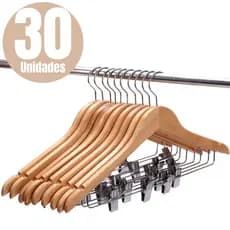Kit 30 Cabides Madeira Presilha Marfim Envernizado Premium Adulto Saia Vestido Calça Bermuda