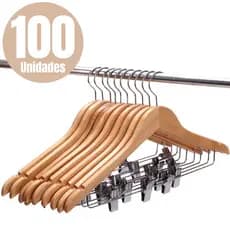 Kit 100 Cabides Madeira Presilha Marfim Envernizado Premium Adulto Saia Vestido Calça Bermuda