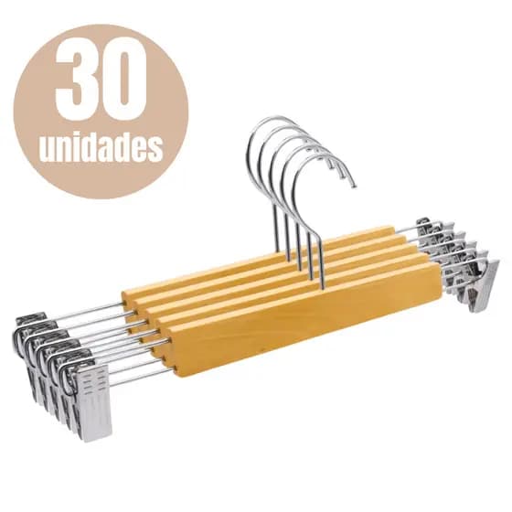 Kit 30 Cabides Madeira Presilha Reto Envernizado Marfim Adulto Premium Calça Vestido Saia Bermuda