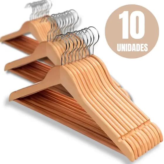 Kit 10 Cabides Madeira Marfim Envernizado Premium Adulto Saia Vestido Calça Bermuda