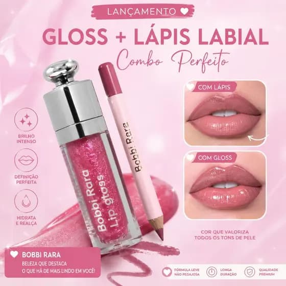 Kit Gloss + Lápis Labial  Alto Brilho, Alta Pigmentação, Alta Definição e Longa Duração
