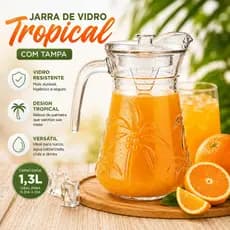 Jarra de Vidro Tropical Com Tampa P/ Água Suco Drinks 1,3L Decorada Bar Buffet Restaurante