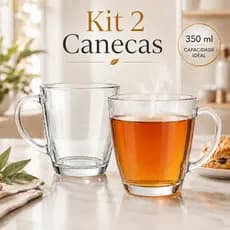Kit 2 Canecas de Vidro Transparente 350ml Grande Resistentes Café Chá Cappuccino Chocolate Quente