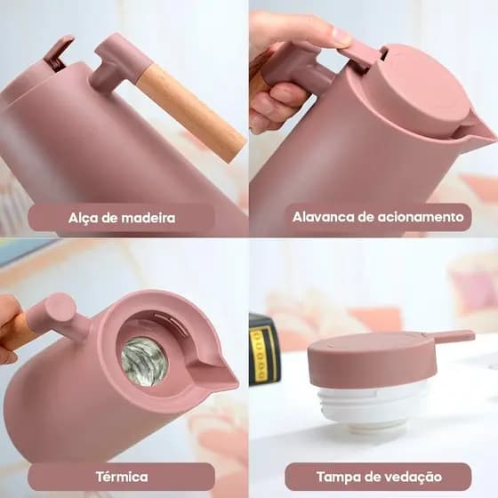 Garrafa Térmica 1L Cabo Madeira com Botão Acionamento Click