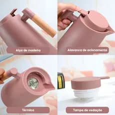 Garrafa Térmica 1L Cabo Madeira com Botão Acionamento Click