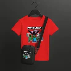 Combo Infantil Minecraft – Camiseta Manga Curta + Bolsa Bag Mochila Pequena Gamer Personagem