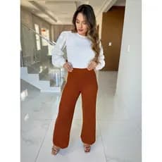 Calça Feminina Tricot de Lã Grossa Ponto Crochê Wide Leg Cintura Alta Elástico Moda Outono/Inverno