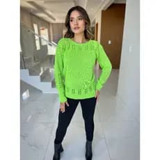 Blusa Tricô Feminina com Detalhes Vazados e Trança Manga Longa Suéter Moda Tricot Outono/Inverno