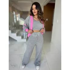 Conjunto Feminino Trijunto 3peças Casaco Cropped Calça Pantalona de Tricô Moda Outono/Inverno Tricot