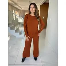 Conjunto Feminino de Tricô Calça Pantalona, Wide Leg de Lã Ponto tipo Crochê Outono/Inverno