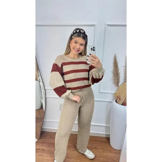 Conjunto Feminino Tricot Calça Wide Leg + Blusa Manga Longa Inverno Elegante Confortável Moda 2026