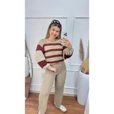 Conjunto Feminino Tricot Calça Wide Leg + Blusa Manga Longa Inverno Elegante Confortável Moda 2026
