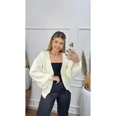 Casaco Kimono de Tricot Curto em Modal Feminino, Manga Bufante Moda Outono / Inverno Suéter de Tricô