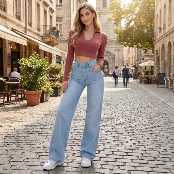 Cropped Feminino Modal Tricô Manga Longa Canelado Gola Polo Decote V Ajustado Casual