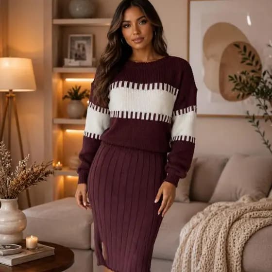 Conjunto Feminino de Tricô Blusa Manga Longa Listrada com Saia Midi Canelada