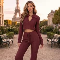 Conjunto Feminino Modal Tricot Canelado Luxo Calça + Cropped Inverno Moda Elegante Casual