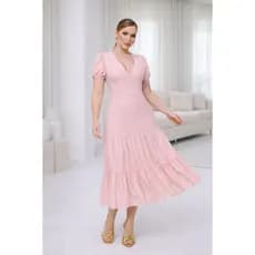 Vestido Aurora Midi Feminino em Laise de Malha Manga Curta Decote V Elegante
