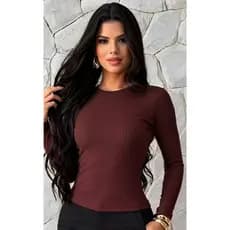 Blusa Feminina Básica Malha Premium Canelada Manga Longa Segunda Pele Gola Redonda