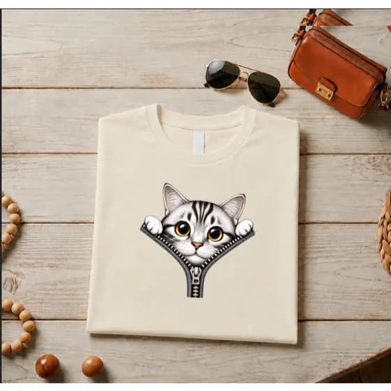 Camiseta T-Shirt Gatinho no Zíper Estampa Original e Encantadora