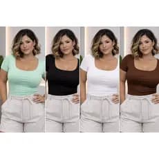 Blusa Suplex  Baby Look Feminina Manga Curta Decote Quadrado Básica Slim Plus Size Casual Dia a Dia