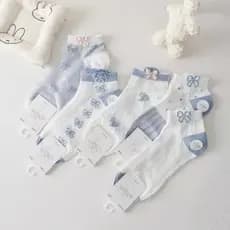 Meias Femininas Azul e Branco Verão Finas Respiráveis Cano Curto e Invisível Estilo Japonês Kawaii com Laço e Desenho Ca