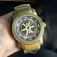 Relógio Masculino Dourado Roleta Girátoria Ventilador Banhado a Ouro 18K Resistente a água Aço Inoxidável Com Caixinha