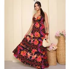 Vestido Longo Duna Feminino Decote V Alças Finas Casual Verão Elegante Confortável Praia Festa