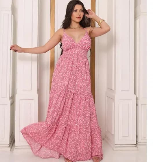 Vestido Feminino Longo Floral com Alças Finas Regulavel e Recorte no Busto Elastex nas Costas