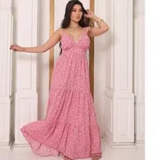 Vestido Feminino Longo Floral com Alças Finas Regulavel e Recorte no Busto Elastex nas Costas