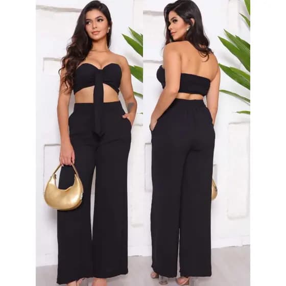Conjunto Feminino Calça Pantalona+Top Croppe com laço Moda Estilo Elegante e Confortavel